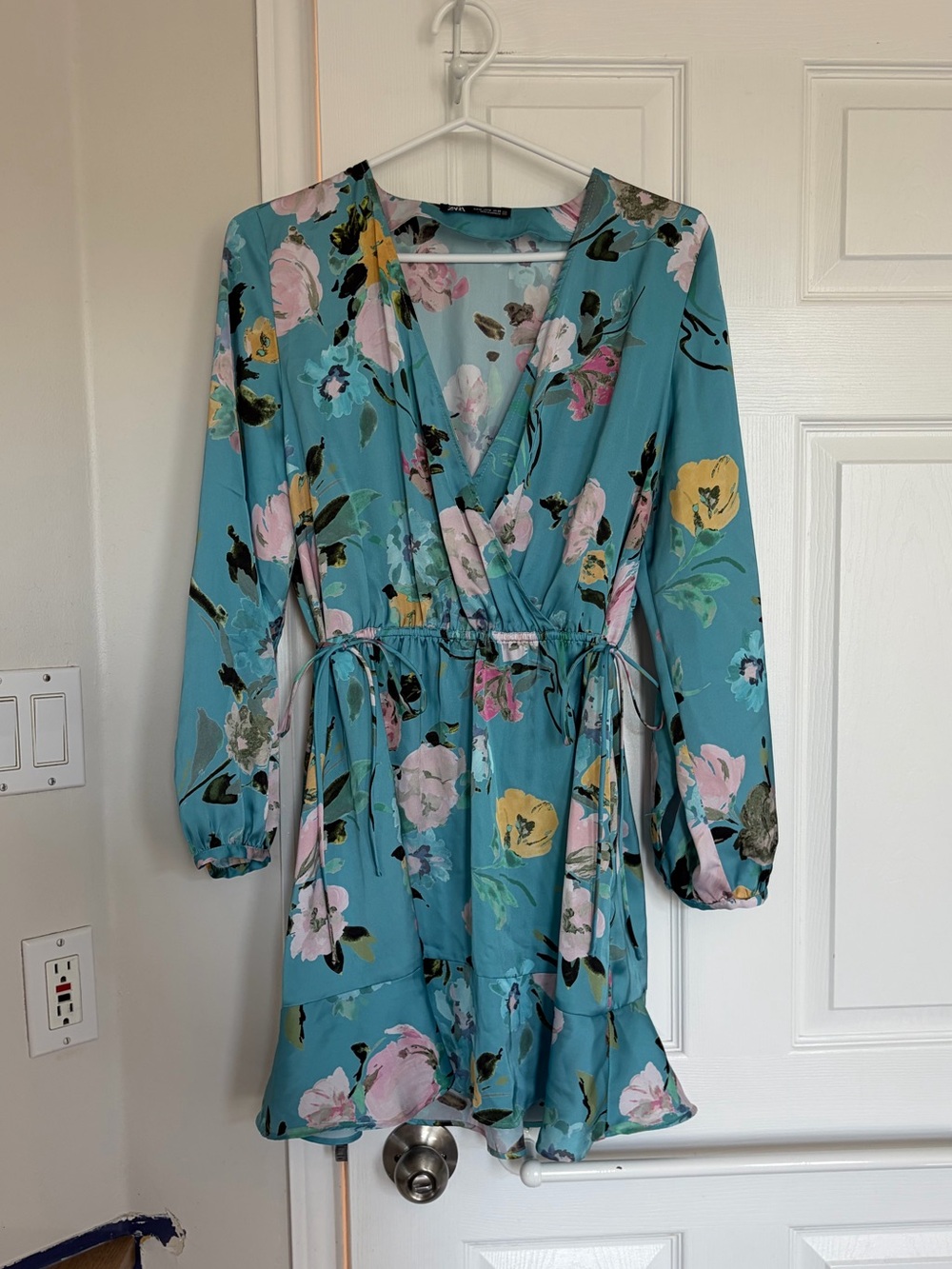 Zara Teal Floral Long-Sleeve Wrap Dress